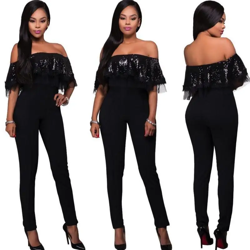 New Women's Sexy Slim Fashion Europe Style Slash Collar Large Swing Paillette Falbala Vintage Lace Patchwork Long Jumpsuits | Женская