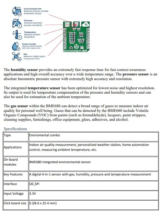 1 шт. х MIKROE-2467 макетная плата окружающей среды нажмите BME680 качество воздуха, влажность, давление, датчик температуры микробус