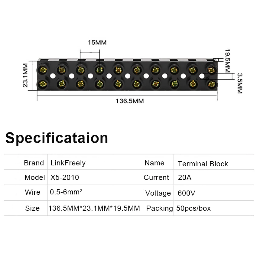 X5-2010 10pcs Electrical Wire Terminal Strip Block 20A 10P Barrier Flame-Redardant PC Base Copper Screw Connector Crimp | Обустройство