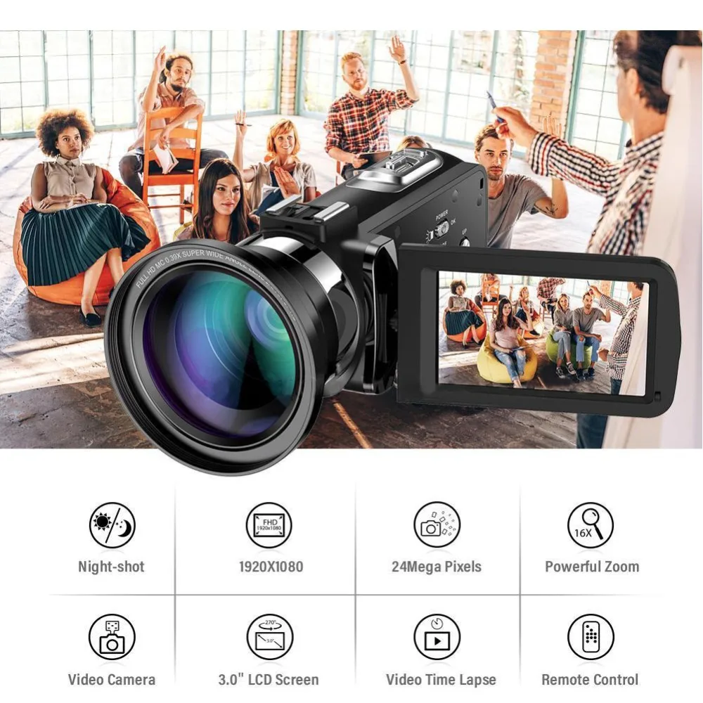 HD 1080P ночное видение ЖК сенсорный экран видеокамера 16X зум 24MP Цифровая видеокамера пульт дистанционного управления широкоугольный объектив/микрофон камера s