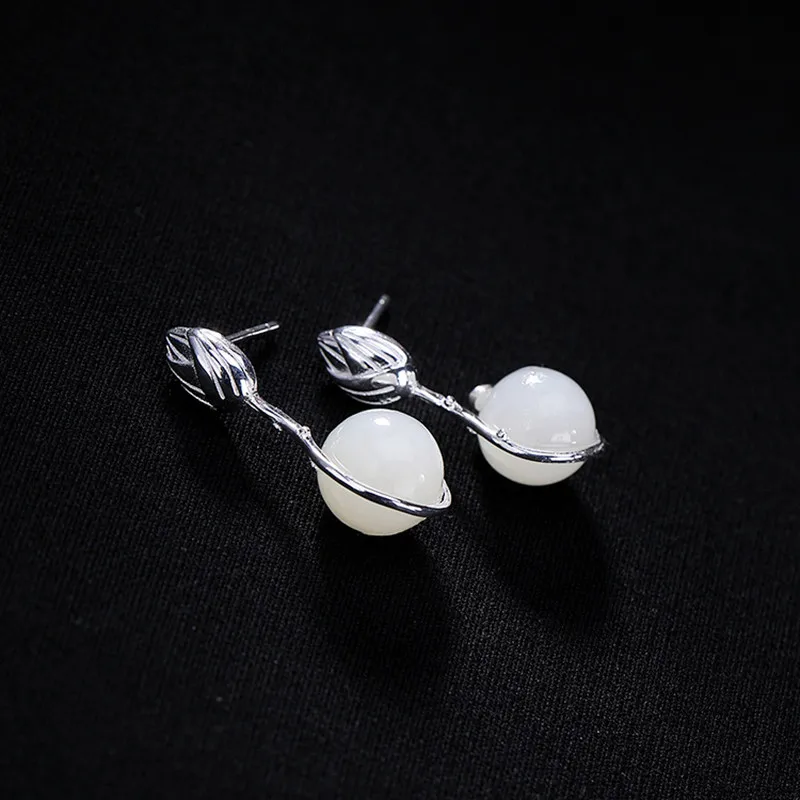Uglyless Elegant Lady Nature Gemstones Earrings Handmade 100% Real Solid 925 Silver Lotus White Jade Balls Fine Jewelry | Украшения и