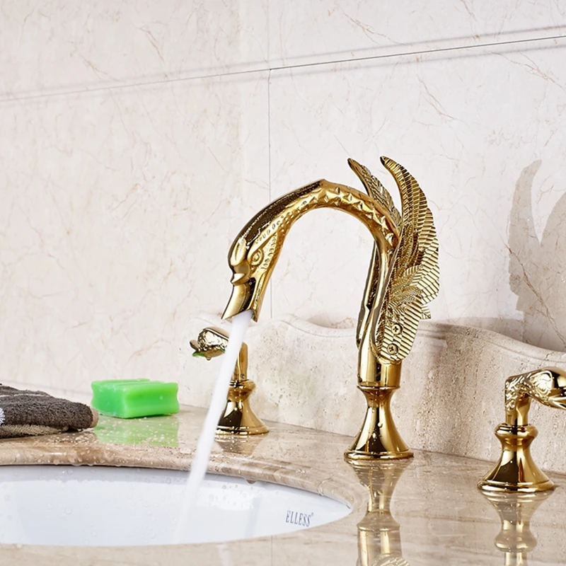 Роскошный золотой Латунный Кран с лебедем широкий 3 отверстия 2 ручки смеситель