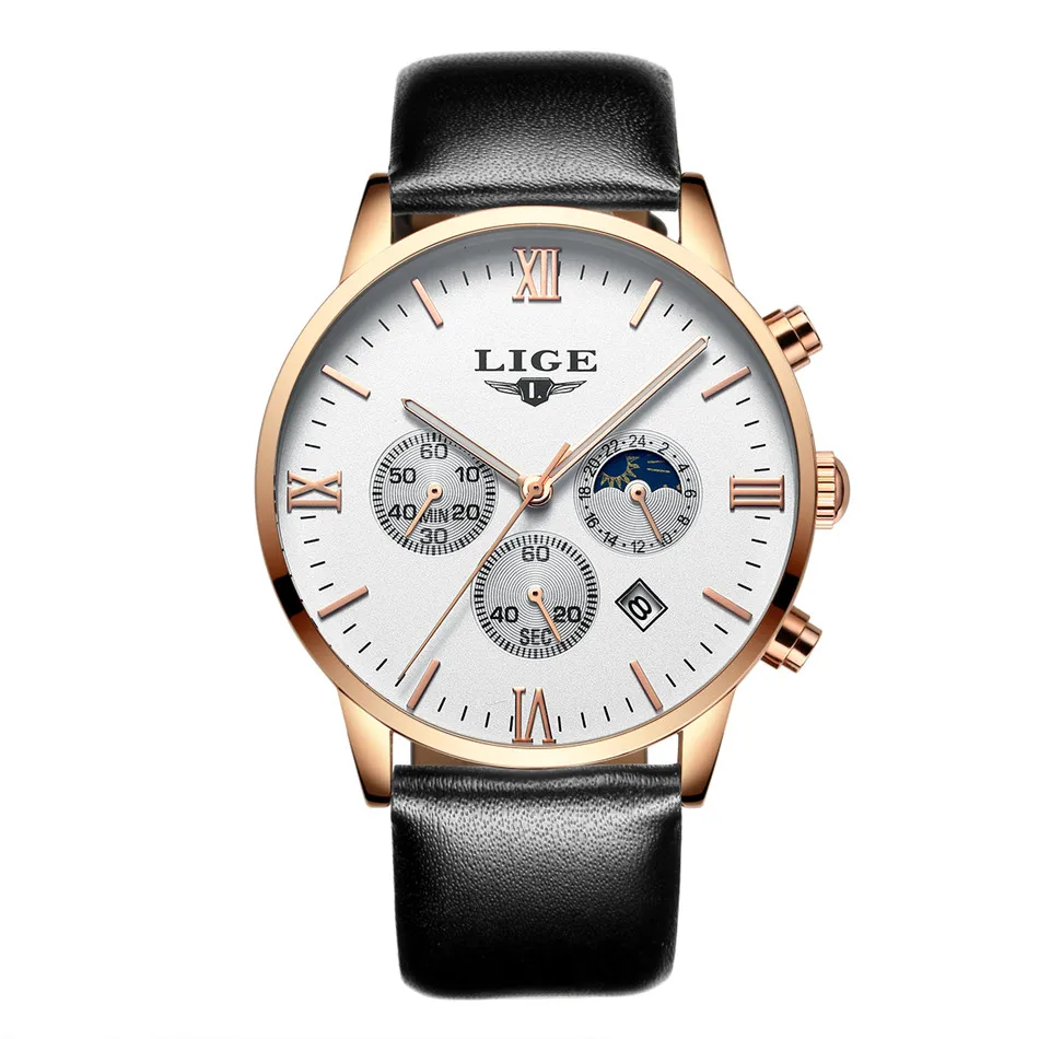gold white Модные мужские часы LIGE от ведущего бренда, Роскошные мужские часы в Военном Стиле, спортивные часы с хронографом, наручные часы, мужские кварцевые часы - Цвет: gold white