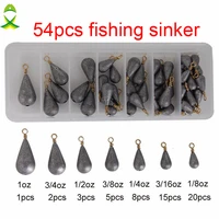54pcs lead fishing sinker with ring carp fishing water drop shaped weights bass casting sinkers set with box