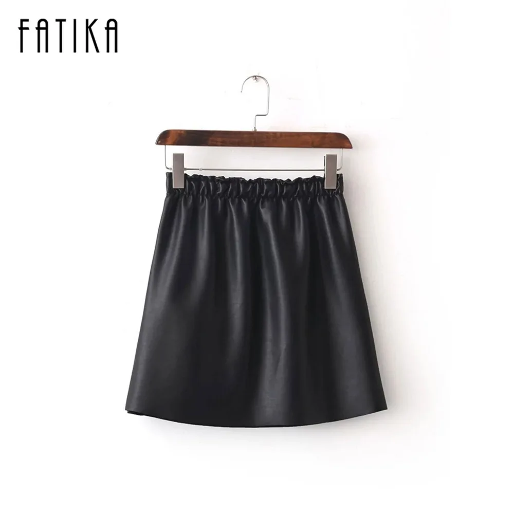 Black FATIKA, новинка, модная женская черная, желтая, искусственная кожа, мини-юбка трапециевидной формы, эластичная талия, повседневные, брендовые, уютные юбки - Цвет: Black