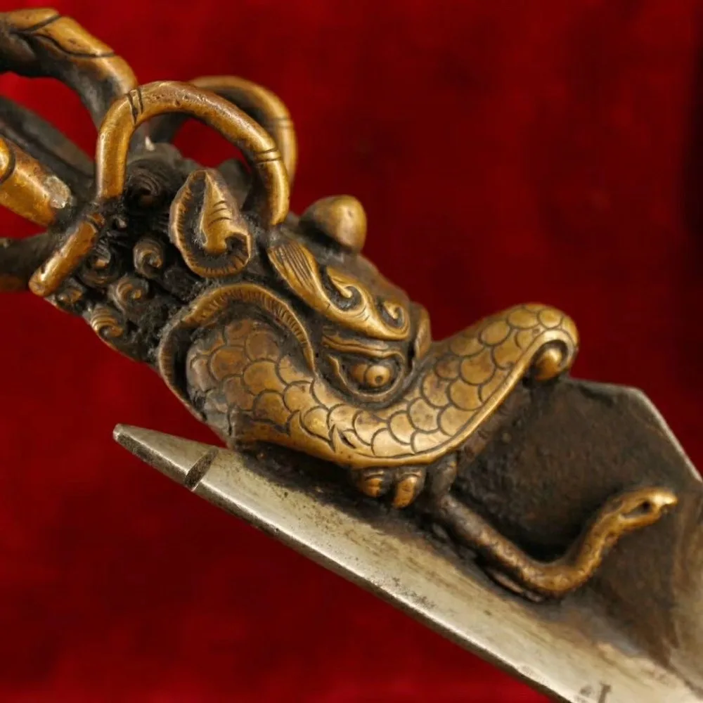 

christmas Tibet Buddhism Bronze Silver Meteorite Buddha head Statue Phurba Dagger Holder new Year