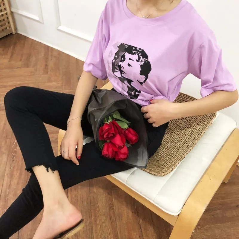 Повседневное свободные Femme Футболка летние Для женщин рисунок портрет печать