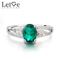 Leige Jewelry Emerald Ring Promise Ring May Birthstone Oval Cut Green Gemstone Solid 925 Sterling Silver Gifts Leaves Shape Ring