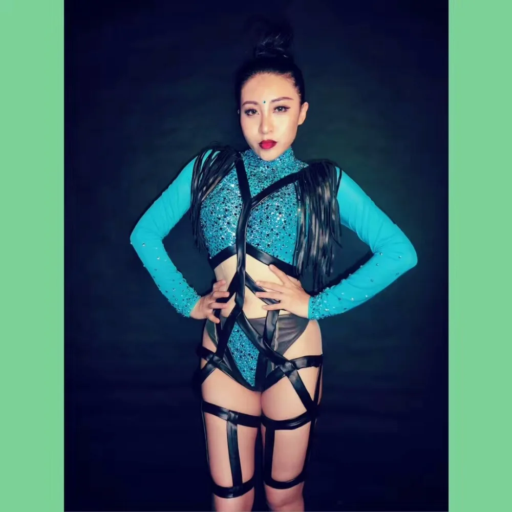 

Shining Stone Sexy Female Zentai Costumes Blue Skinny Bodysuit Bright Crystals Jumpsuit Singer Nightclub Bar Show DJ DS