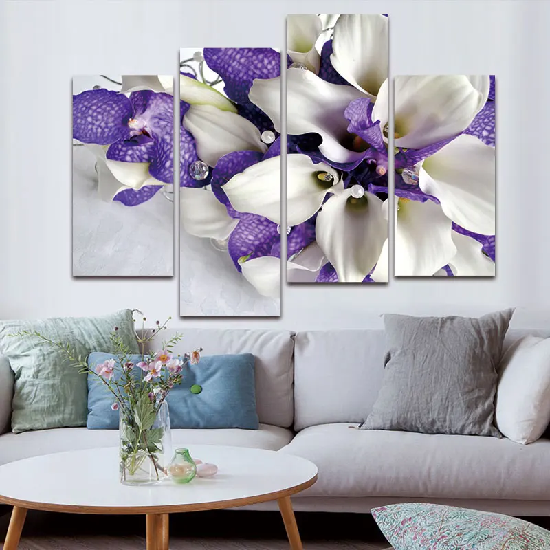 BANMU 4 Panels Purple&ampWhite Iris Wall Art Canvas Painting Nordic Floral Poster Home Decor for Livingroom Decoration | Дом и сад
