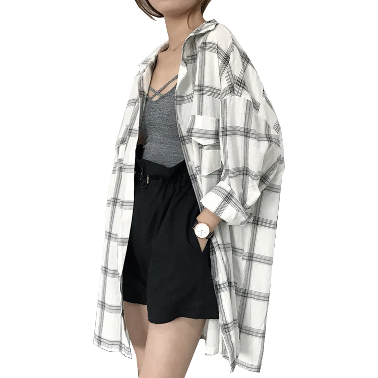 

Korean 2019 Spring and Summer Casual Cotton Shirts Elegant Women Long Full Shirts Turn-down Collar Plaid Blouse