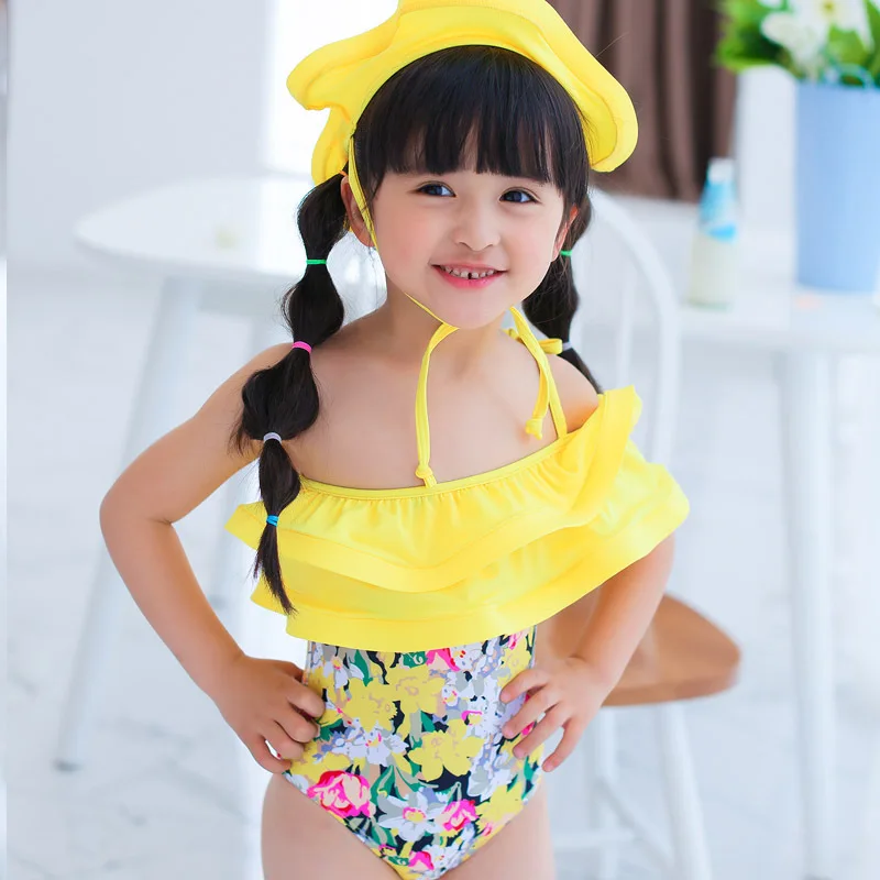 

Hot Selling Girls Floral 1-piece Swimsuit with Swimming Cap for Beach Swimming Pool