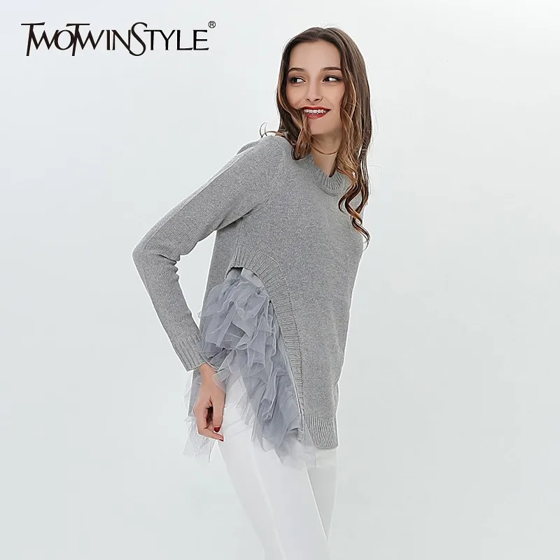TWOTWINSTYLE Patchwork Mesh Ruffle Sweater For Women Knitted Pullover Female Jumper Black Knitting Tops Large Size Clothing 2020 | Женская