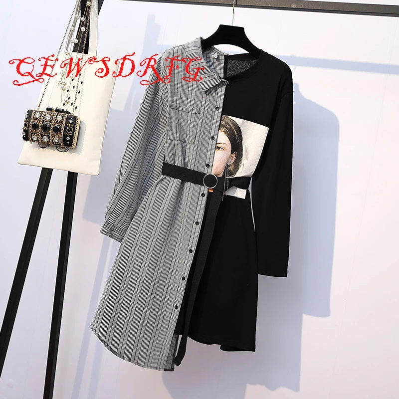 Женское трикотажное платье с длинным рукавом длинная хлопковая Футболка принтом