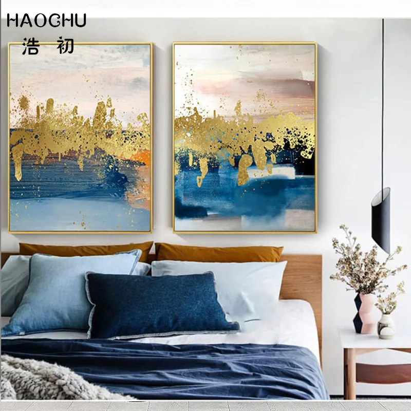HAOCHU Современная Ретро абстрактная Золотая фольга белая синяя текстура холст