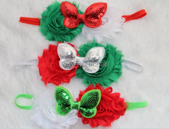 24pcs/lot Christmas Red Green White Shabby Chic Flowers Headband With Sequin Bow FOE Elastic Free Shipping |