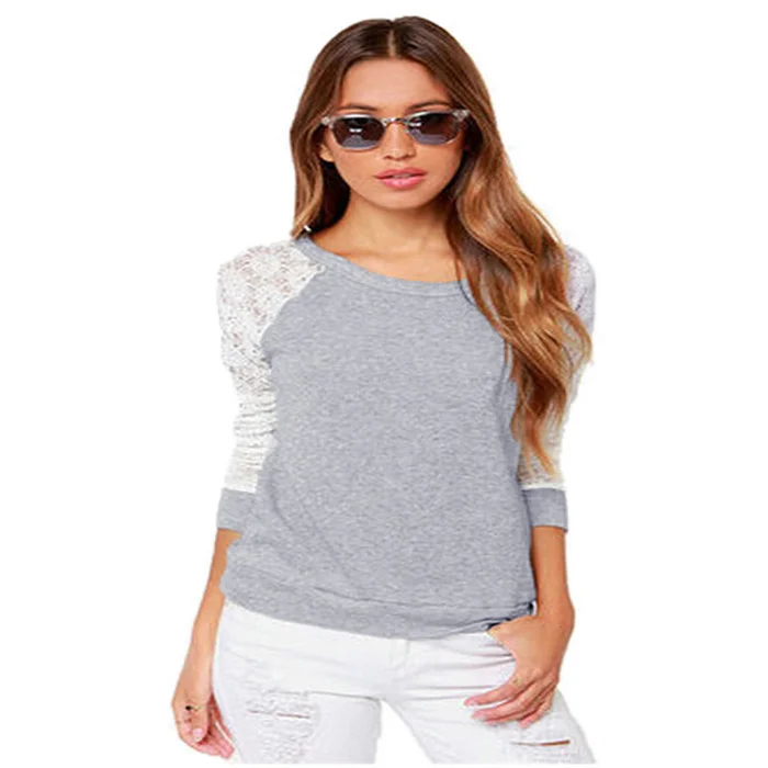 Женщины Спинки Сексуальные Кружева Рукав Свитера Толстовки Лоскутное Серый