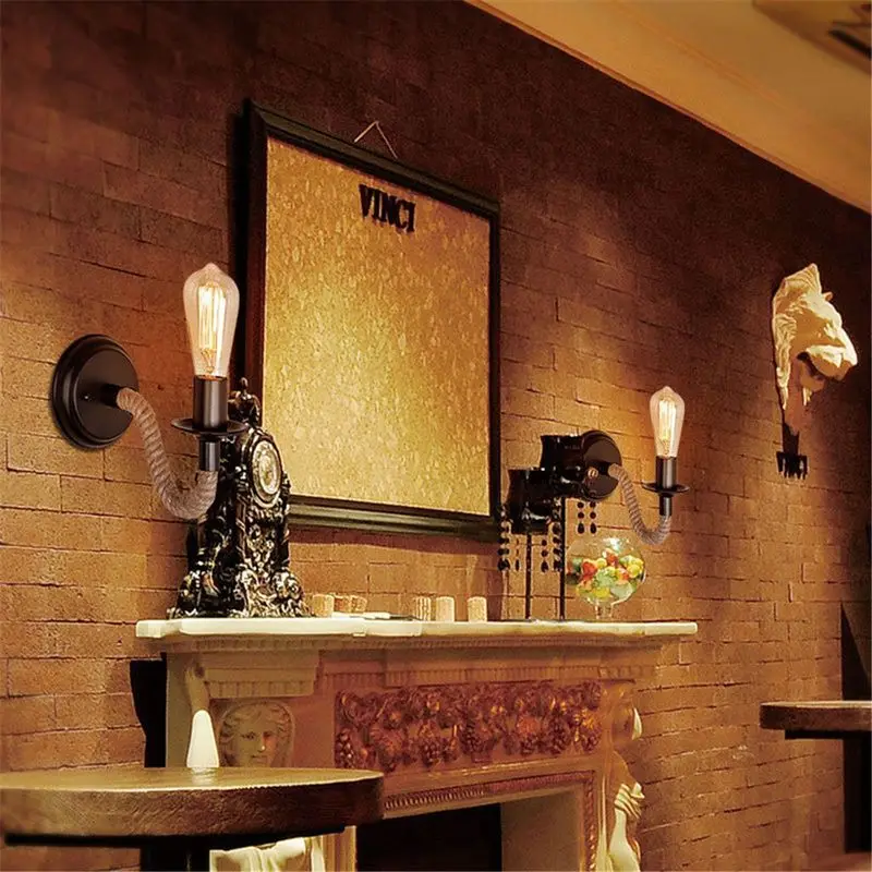 Американский Ретро настенный светильник из пеньковой веревки для отеля бара