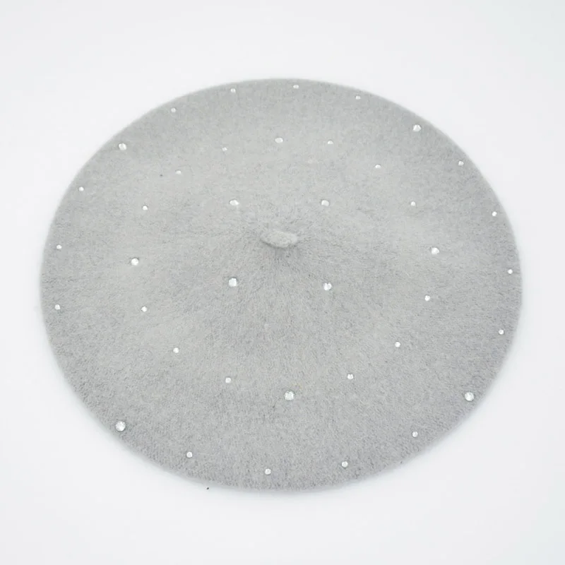 H01 grey Модные однотонные теплые шерстяные весенние береты для женщин, французский берет для женщин с бриллиантами, лыжная шапка, 4 цвета - Цвет: H01 grey