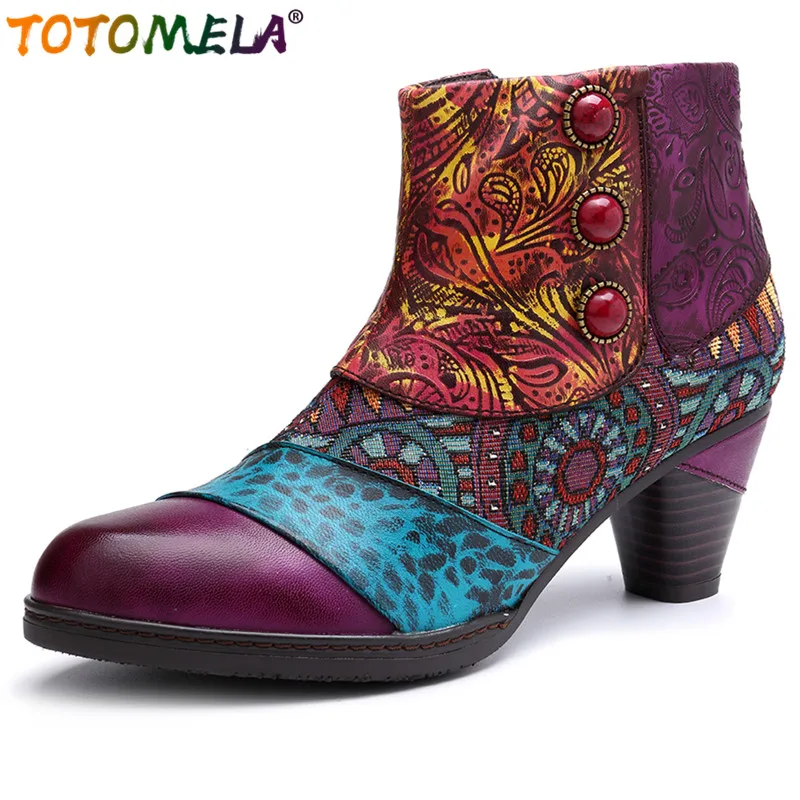 

TOTOMELA Plus size 36-42 Brand genuine leather boots for women bohemia ladies high heels ankle boots zipper autumn winter boots
