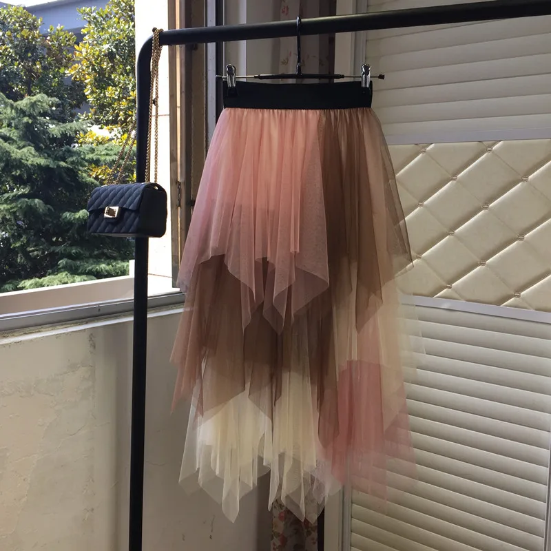 pink with ivory Setwigg, весна, новинка, многоцветные Лоскутные сетчатые Асимметричные миди юбки, многоуровневые юбки средней длины с асимметричным подолом - Цвет: pink with ivory