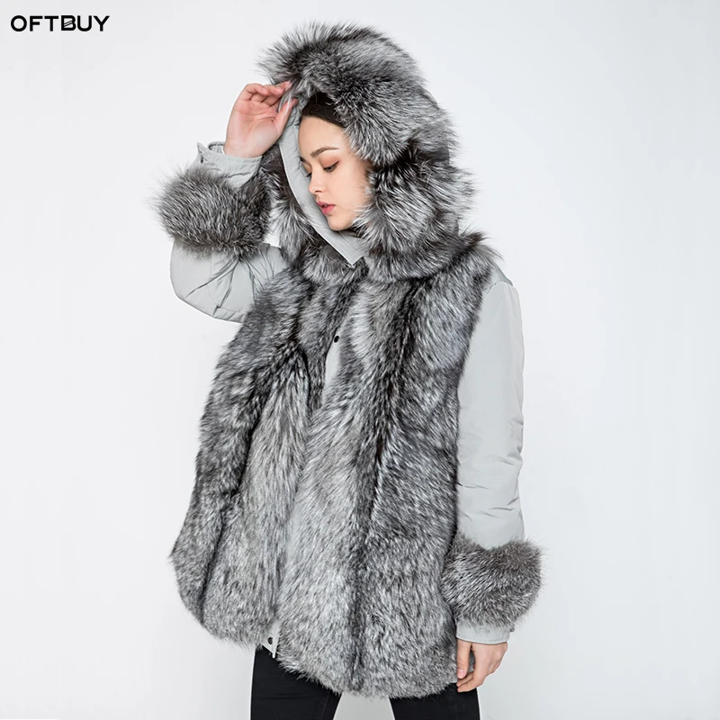 OFTBUY brand 2019 winter jacket women long parka outerwear parkas natural real sliver fox fur collar coat white duck down | Женская