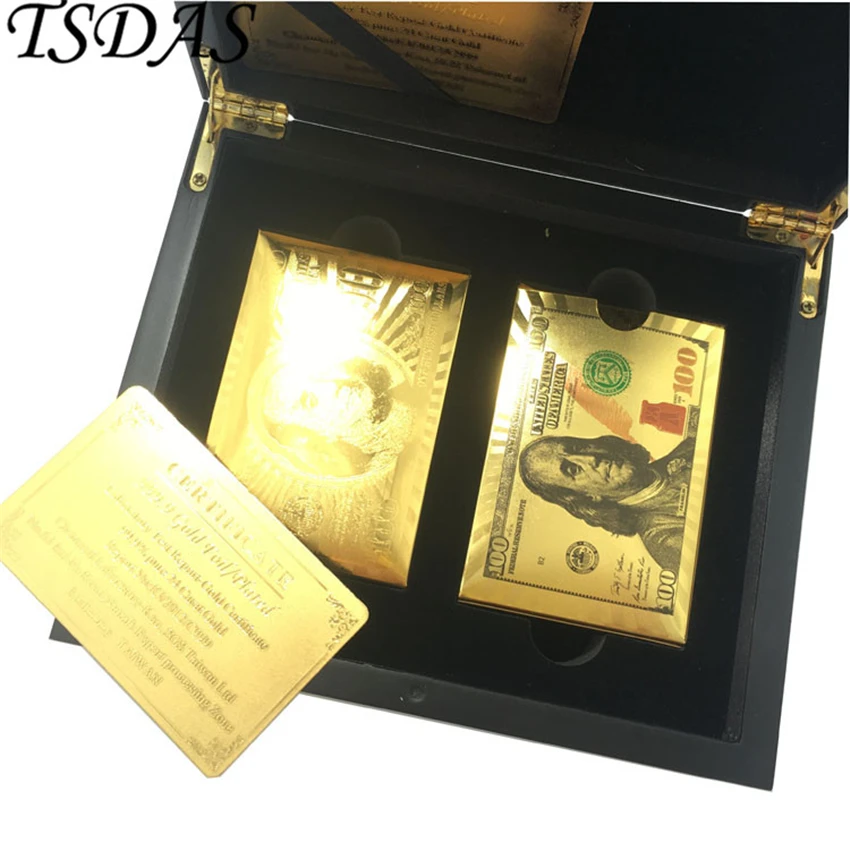 

2 Deck Golden & Color USD 100 Waterproof 24k Golden Playing Cards Set High Quality With Wooden Box Free Shipping