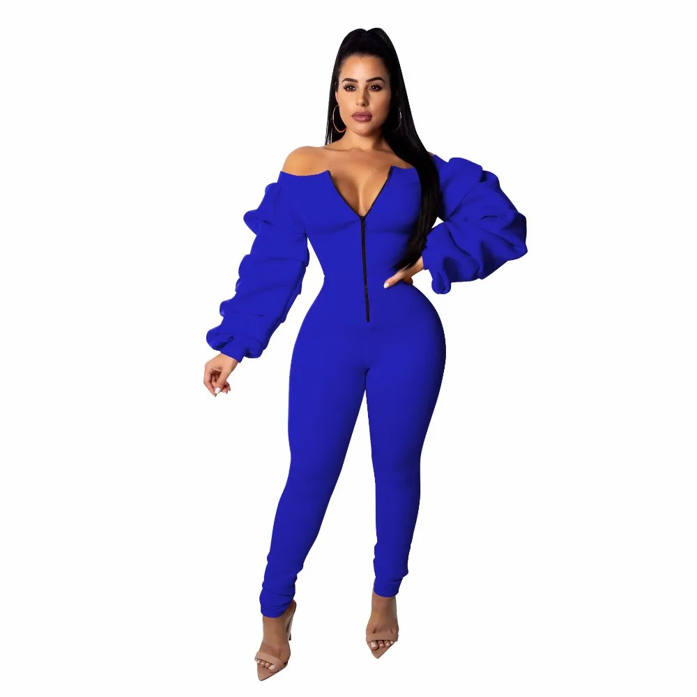 2019 New Women Casual Jumpsuit Zipper Front Slash Neck Off Shoulder Long Puff Sleeve Thick Romper Fashion Overalls Female Jumper | Женская