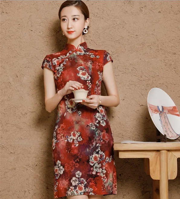 Зеленый Китайские платья Ципао Cheongsam из хлопка и льна Mujer Vestidos размера плюс для женщин короткие 3XL 4XL 5XL летние Новое поступление - Цвет: Зеленый