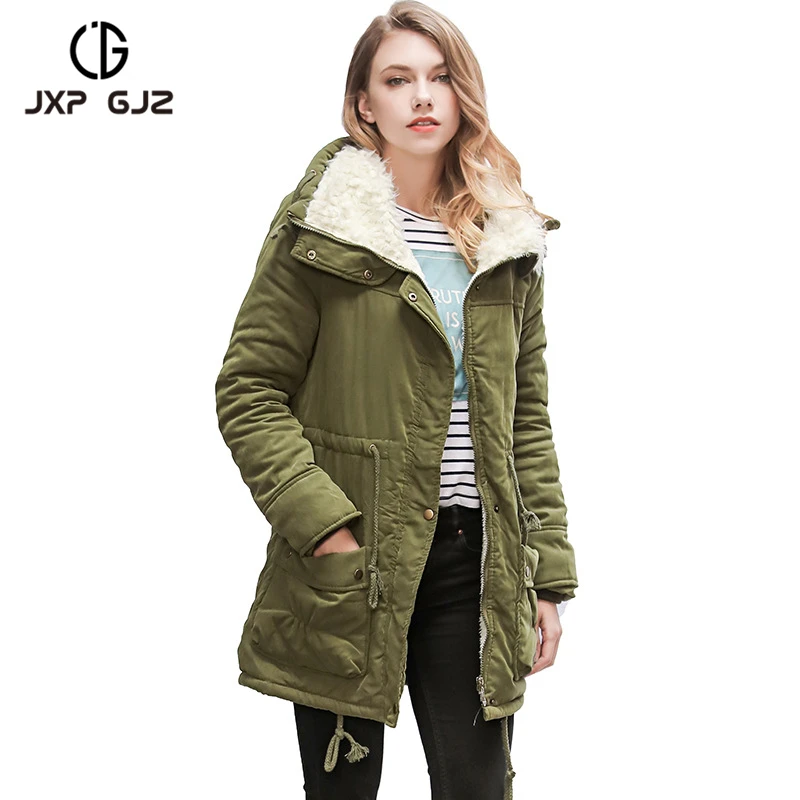JXP GJZ 2017 Зима Для женщин Куртка парка черный красный на молнии длинный рукав SlimThick