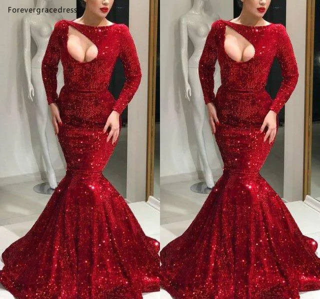 

2019 Cheap Dark Red Long Sleeves Prom Dress Sequined Pageant Holidays Wear Graduation Evening Party Gown Custom Made Plus Size