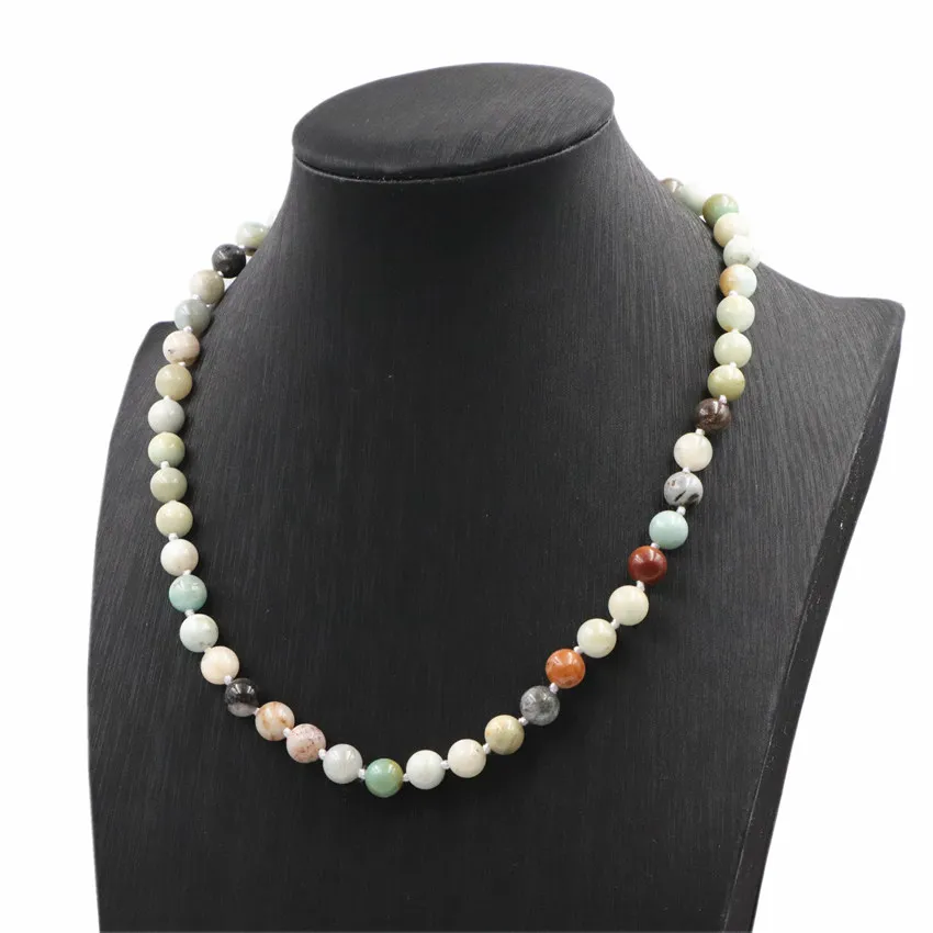 Fashion Women Bohemian Style Necklace Jewelry Knotted Amazonite Natural Gem Stone Necklaces Long Chain Round Beads Choker A727 | Украшения