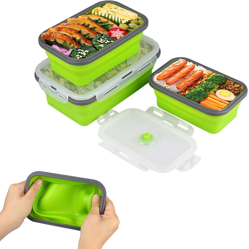 Силиконовый складной Ланч-бокс, контейнер для хранения еды, Bento BPA Free, Microwavable, портативный, для пикника, кемпинга, прямоугольная, открытая коробка