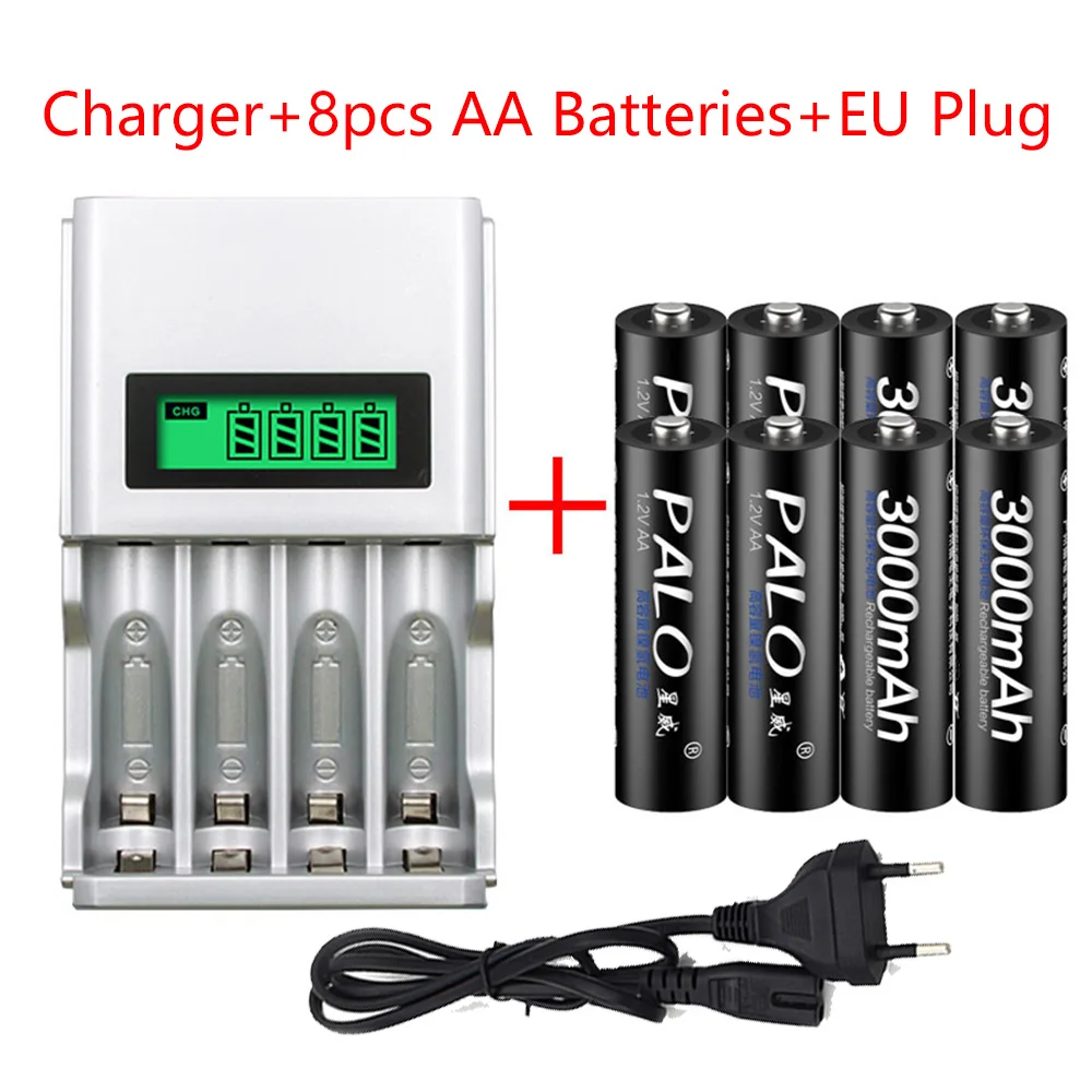 Charger with 8pcs AA PALO 4 шт. AA батареи перезаряжаемые батареи 1,2 V AA 3000mAh Ni-MH Предварительно заряженный аккумулятор 2A батареи для камеры игрушки - Цвет: Charger with 8pcs AA