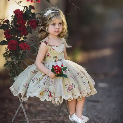Princess Kids Girls Floral Dress Summer Baby Girl Sleeveless Lace Flower Party Toddler Tulles Tutu Ball Gown | Детская одежда и
