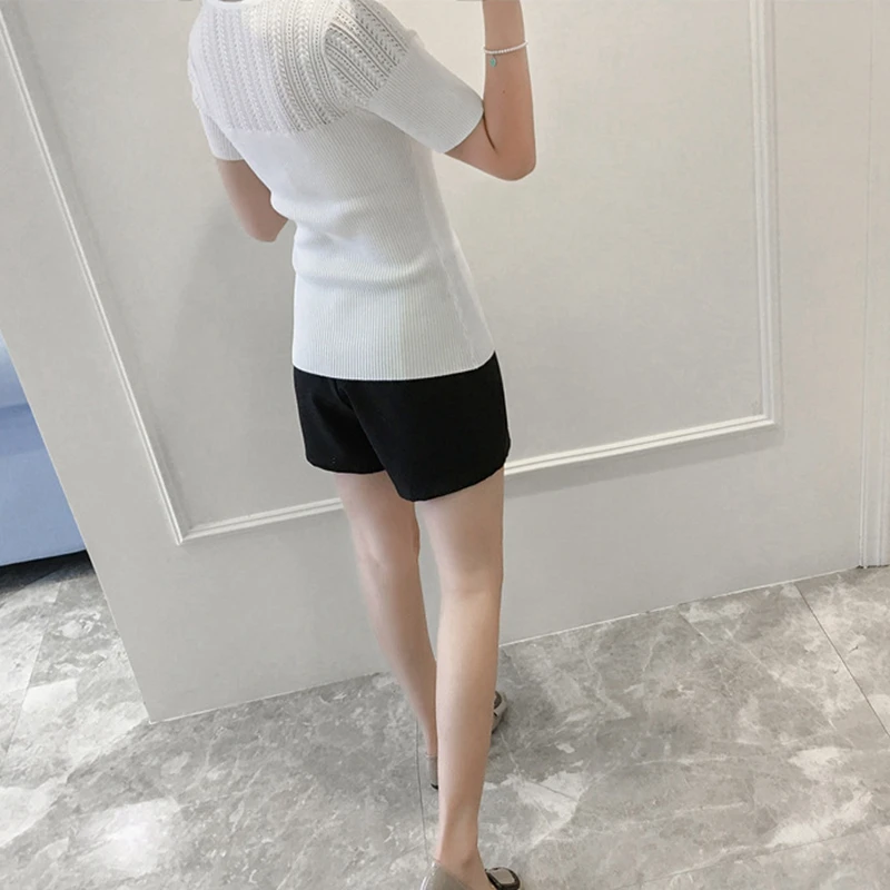 ONLYSVTER Knitted Summer T shirt Women Hollow Out Short Sleeves Top High Elasticity Fashion Female Tshirt | Женская одежда