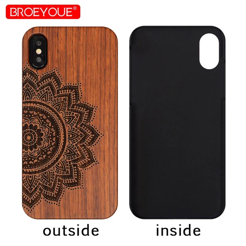 BROEYOUE Wood Case For iPhone X 7 8 Plus 6 6S Phone Covers PC Frame Wooden Back Carving Fundas 5S SE |
