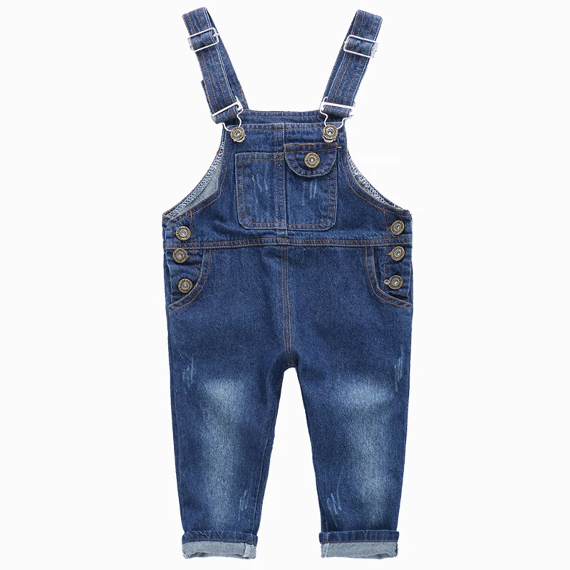 Детский джинсовый комбинезон на пуговице однотонный синий для девочек и