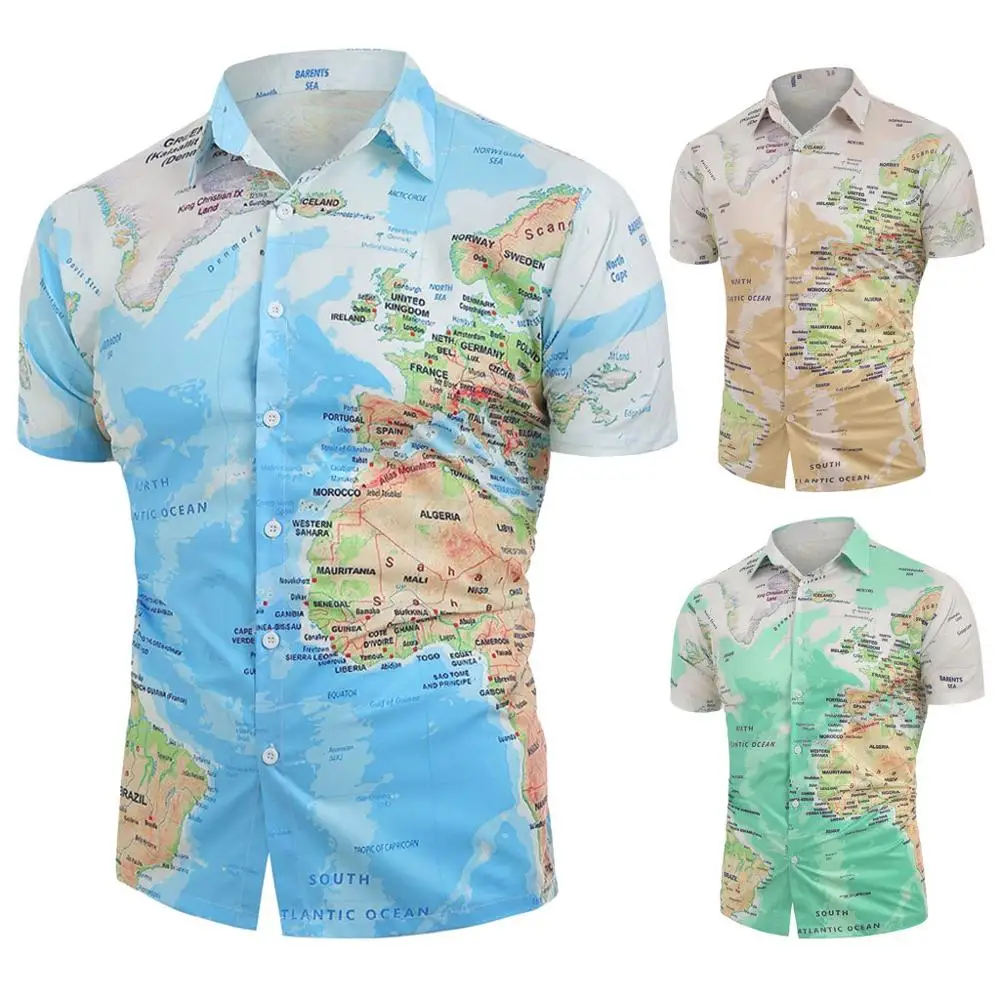 Мужская Повседневная рубашка на пуговицах с принтом в виде карты мира camisa masculina