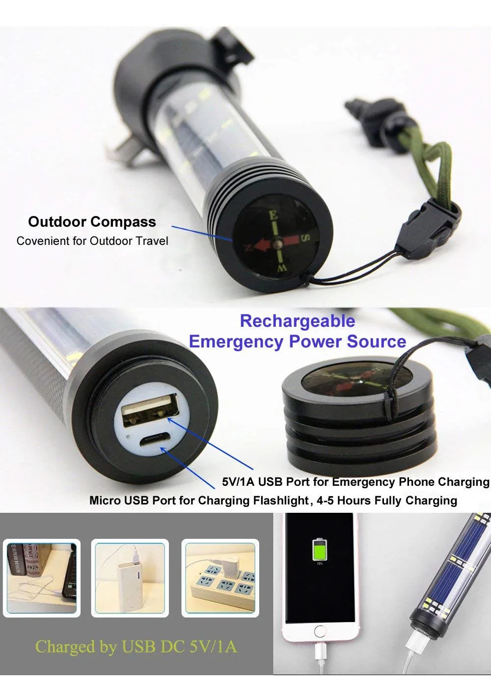 Tactical Solar Power flashlight LED w/usb Multi-Function Emergency Glass Breaker Self defense Camping tool for bike bicycle |