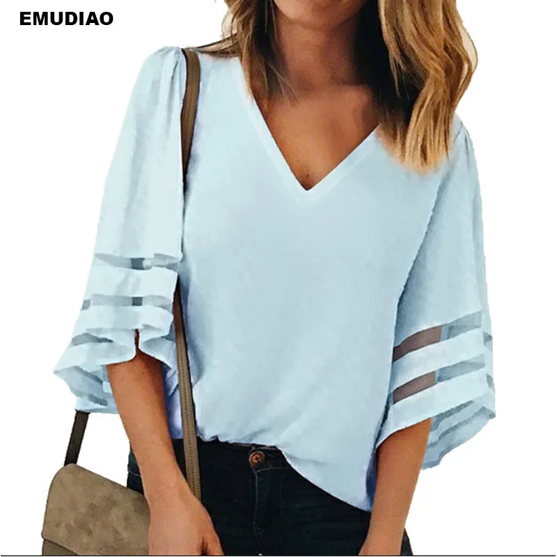 Plus Size S-XXXXXL Mesh Patchwork V-neck Flared Sleeves Solid Chiffon Blouses Women Summer Fashion Loose Shirt |