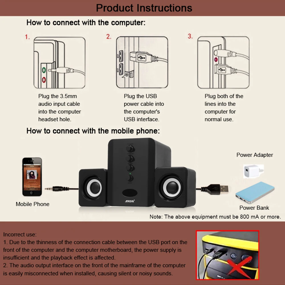 Bluetooth Колонка SADA Проводная USB с сабвуфером|Колонки для компьютера| |