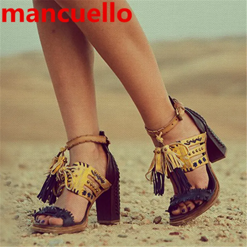 Mancuello новая мода обувь женщина на высоких каблуках сандалии кисточкой последние