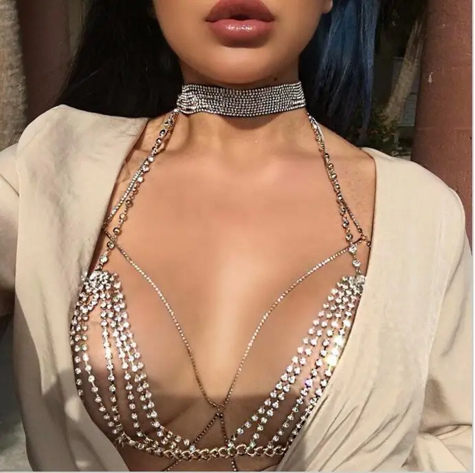 Стразы Хрустальный бюстгальтер бикини топ грудь живот кисточки цепочки