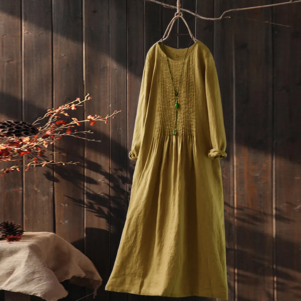 Женское платье-пеньковый желтое льняное однотонная плиссированная свободное с