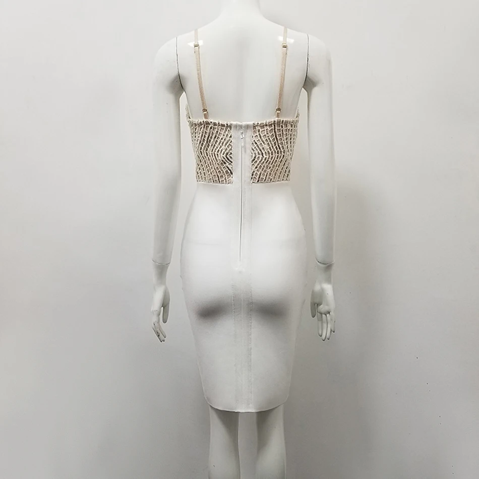 Высококачественное сексуальное платье с v-образным вырезом и блестками белое