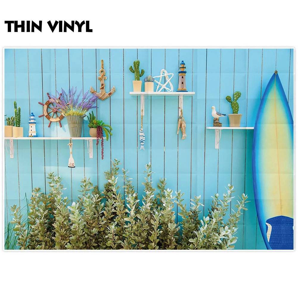 Allenjoy photography background summer surfboard cactus plant decor blue wooden board backdrop photo studio photobooth photocall |