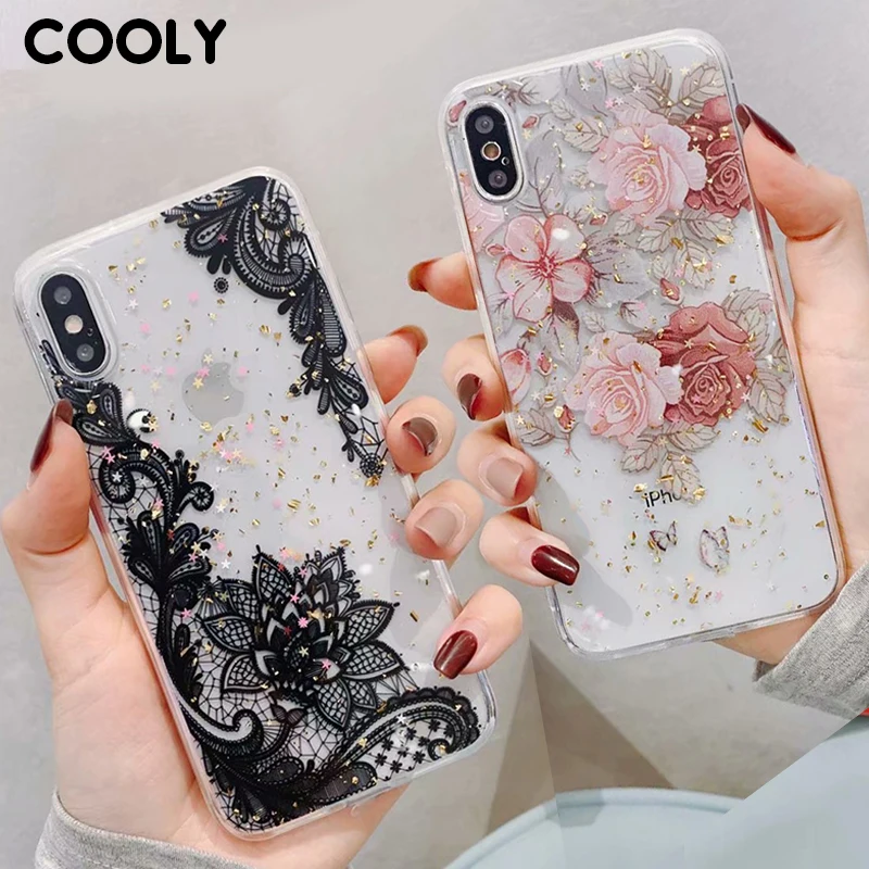 COOLY Блестящий блестящий чехол с цветами для iphone 6 S 7 8 Plus X XS Max XR задняя крышка