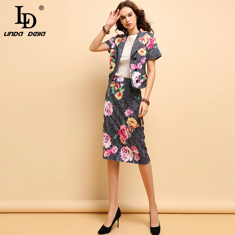 Женские костюмы LD LINDA DELLA из двух предметов с коротким рукавом и цветочным принтом