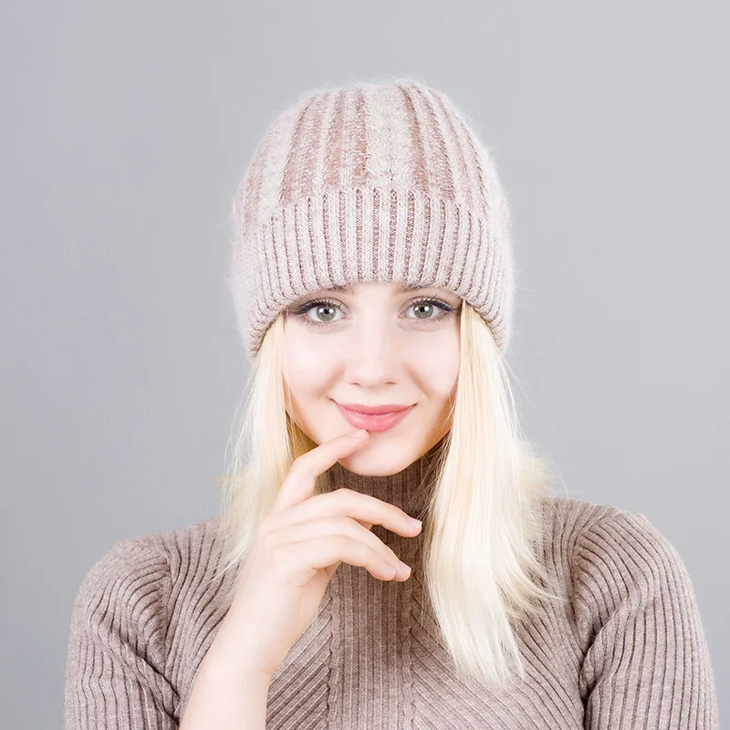 Мягкая вязаная шапка из кроличьего меха женская зимняя плотная теплая шерстяная